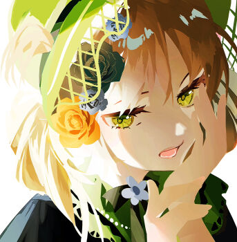 Rule 34 | 1girl, black flower, black rose, blonde hair, bonnet, flower, green bonnet, green eyes, hands up, highres, hosshi (hosshi 1), lolita fashion, long hair, looking at viewer, mahou shoujo no majo saiban, neck ribbon, open mouth, ribbon, rose, simple background, solo, tono hanna, twintails, upper body, white background, yellow flower, yellow rose
