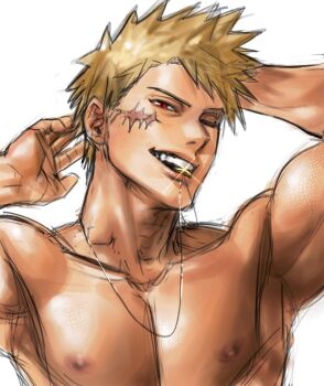1boy armpits arms_up bakugou_katsuki biceps blonde_hair boku_no_hero_academia collarbone commentary english_commentary fang highres jewelry lips male_focus necklace necklace_in_mouth nipples nose nude pectorals red_eyes ring ring_necklace scar scar_on_face short_hair simple_background sketch smile solo spiked_hair teeth tinh_daubuoi toned toned_male white_background