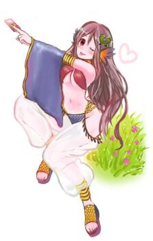 Rule 34 | 1girl, bikini, black sandals, blush, bodysuit, breasts, brown hair, card, commentary request, feathered wings, full body, grass, grey bodysuit, gypsy (ragnarok online), harem pants, head wings, holding, holding card, kameiji kameta, long hair, looking at viewer, medium breasts, mismatched bikini, navel, one eye closed, orange wings, pants, ragnarok online, red bikini, red eyes, sandals, see-through clothes, see-through pants, sitting, solo, swimsuit, tongue, tongue out, underboob, white background, white pants, wings