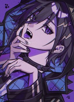 1boy absurdres bishounen black_hair collar colored_tongue ear_piercing earrings eyelashes hair_between_eyes hair_ornament hashtag-only_commentary highres holostars hood jacket jewelry kanade_izuru kanade_izuru_(1st_costume) lightning_bolt lightning_bolt_hair_ornament lightning_bolt_symbol long_sleeves looking_at_viewer male_focus nail_polish open_mouth padded_jacket paw_print piercing portrait purple_background purple_eyes purple_theme purple_tongue short_hair slit_pupils solo sparkle spiked_collar spikes tongue tongue_out virtual_youtuber yu_yu_(yuyuuuu99550771)