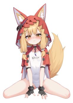 1girl absurdres animal_ear_fluff animal_ears arknights arknights:_endfield black_gloves blonde_hair blush breasts cape closed_mouth ears_through_headwear fingerless_gloves fingernails gloves highres loli long_hair looking_at_viewer one-piece_swimsuit red_cape rossi_(arknights) ryuhei_(lyuheyi1011) school_swimsuit sitting small_breasts smile swimsuit tail wariza white_one-piece_swimsuit wolf_ears wolf_girl wolf_tail yellow_eyes