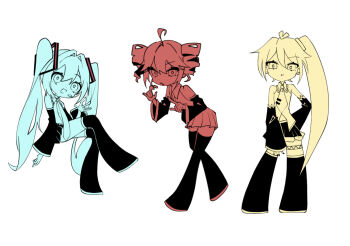 3girls ahoge akita_neru bare_shoulders boots detached_sleeves drill_hair hair_ornament hatsune_miku highres invisible_chair kasane_teto kasane_teto_(utau) long_hair long_sleeves looking_at_viewer mijeogsim_(pixiv_121161005) miniskirt multiple_girls multiple_monochrome necktie open_mouth pleated_skirt side_ponytail simple_background sitting skirt thigh_boots triple_baka_(vocaloid) twin_drills twintails utau very_long_hair vocaloid white_background