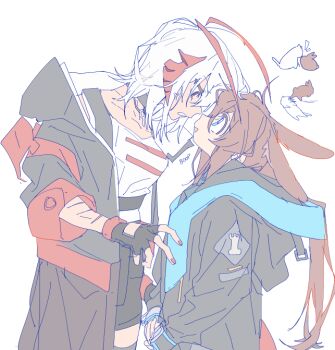 2girls amiya_(arknights) anger_vein animal_ears arknights black_coat black_gloves black_thighhighs blue_eyes brown_hair coat fingerless_gloves gloves hamha_s horns long_hair looking_at_another medium_hair multiple_girls rabbit_ears red_eyes red_nails scar scar_on_arm shirt simple_background smile thighhighs w_(arknights) white_background white_hair white_shirt