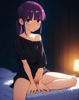 1futa black_shirt closed_mouth collarbone erection foreskin futanari highres indoors large_penis long_hair looking_at_viewer on_bed original penis phimosis ponytail precum purple_eyes purple_hair shirt sidelocks single_bare_shoulder single_off_shoulder sitting solo t-shirt testicles uncensored zoryc