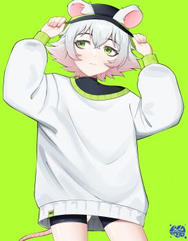 1girl absurdres adjusting_clothes adjusting_headwear animal_ears arms_up artist_name bags_under_eyes bike_shorts black_hat black_shirt black_shorts bucket_hat closed_mouth colored_tips cowboy_shot dot_nose double-parted_bangs ears_through_headwear expressionless eyebrows_hidden_by_hair facing_viewer flipped_hair gabeyman go!_go!_gris! gradient_hair green_background green_eyes green_hat green_trim hair_between_eyes hair_flaps hands_on_headwear hat head_tilt highres light_blush logo long_eyelashes long_shirt long_sleeves looking_to_the_side mouse_ears mouse_girl mouse_tail multicolored_hair oversized_clothes oversized_shirt perl_(go!_go!_gris!) pink_hair pink_tail puffy_long_sleeves puffy_sleeves raised_eyebrows shirt shirt_under_sweater short_hair short_shorts shorts sidelocks signature simple_background single_off_shoulder solo standing striped_blush sweater tag tail thick_eyelashes tight_clothes tight_shirt timestamp turtleneck turtleneck_shirt two-tone_hair two-tone_hat undershirt white_hair white_sweater