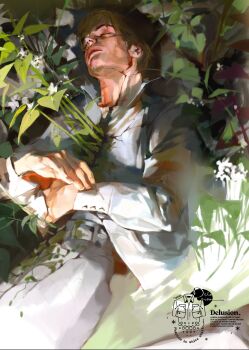 1boy blood blood_on_face brown_hair closed_eyes commission eyelashes henry_townshend highres leaf long_sleeves lorem_ipsum lying male_focus on_back pants second-party_source shirt silent_hill_(series) silent_hill_4:_the_room solo tudou_estor white_pants white_shirt