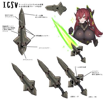 1girl absurdres black_bodysuit bodysuit breasts check_six_(natsukaze_shigure) commentary_request covered_erect_nipples covered_navel genderswap genderswap_(mtf) headgear highres impossible_bodysuit impossible_clothes impossible_leotard large_breasts leotard long_hair looking_at_viewer magical_girl natsukaze_shigure original red_eyes red_hair reference_sheet skin_tight translation_request twintails