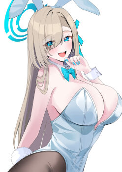 1girl absurdres animal_ear_hairband animal_ears asuna_(blue_archive) asuna_(bunny)_(blue_archive) bare_shoulders blonde_hair blue_archive blue_bow blue_bowtie blue_eyes blue_halo blue_leotard blush bow bowtie breasts cleavage commentary covered_groin detached_collar eyes_visible_through_hair fake_animal_ears fake_tail hair_over_one_eye hairband halo highleg highleg_leotard highres large_breasts leotard long_hair looking_at_viewer mole mole_on_breast nakano_kura open_mouth pantyhose playboy_bunny rabbit_ear_hairband rabbit_ears rabbit_tail smile solo tail very_long_hair wrist_cuffs