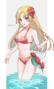 1girl alternate_costume bare_shoulders bikini blonde_hair blue_eyes breasts commentary_request cosplay forte_(rune_factory) highres in_water long_hair matsuri_(rune_factory) matsuri_(rune_factory)_(cosplay) medium_breasts open_mouth potacha red_bikini rune_factory rune_factory_4 swimsuit water