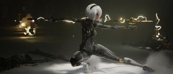 2b_(nier:automata) absurdres highres holding holding_behind_back holding_weapon_behind_back nier:automata nier_(series) short_hair velvyx white_hair