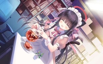 1girl :d absurdres animal_ear_fluff animal_ears apron black_hair blue_archive blunt_bangs blush bookshelf bow bowtie breasts cat_ears cat_girl cat_tail chair cup desk detached_collar dress dutch_angle eyes_visible_through_hair frilled_wrist_cuffs frills glass_teapot hair_over_eyes hair_ribbon hairband halo happy highres holding holding_teapot indoors justice_task_force_member_(blue_archive) justice_task_force_member_(maid)_(blue_archive) long_hair maid maid_apron maid_headdress official_alternate_costume official_art open_mouth pink_bow pink_dress pink_ribbon pouring puffy_short_sleeves puffy_sleeves red_eyes red_halo ribbon santa_matsuri saucer short_sleeves sidelocks small_breasts smile solo tail tea teacup teapot very_long_hair waist_apron white_apron white_hairband wrist_cuffs