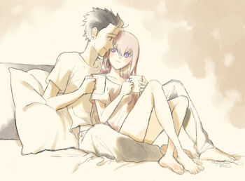 1boy 1girl barefoot black_hair brown_hair commentary_request couple crossed_ankles cup full_body hetero holding holding_cup long_hair looking_at_another loungewear makise_kurisu no_shoes okabe_rintarou pillow purple_eyes revision rocni science_adventure shirt smile soles steins;gate