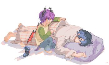 2boys blanket child closed_eyes closed_mouth dragon_boy dragon_horns dragon_tail dragon_wings durin_(genshin_impact) genshin_impact highres horns long_sleeves looking_at_creature lying male_focus multiple_boys open_mouth pillow rattattack scaramouche_(cat)_(genshin_impact) scaramouche_(genshin_impact) sleeping tail wanderer_(genshin_impact) white_background wings