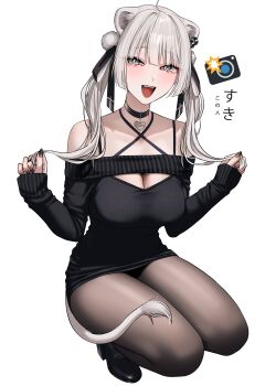 1girl :d absurdres ahoge alternate_costume animal_ear_piercing animal_ears bag black_dress black_nails black_pantyhose black_shoes blunt_bangs blush breasts cleavage commentary_request criss-cross_halter dress fingernails full_body hair_ribbon halterneck hands_up heart_pendant high_heels highres holding holding_own_hair hololive large_breasts lion_ears lion_girl lion_tail long_hair long_sleeves looking_at_viewer off-shoulder_dress off_shoulder open_mouth pantyhose pendant_choker ribbon shishiro_botan shoes short_dress shoulder_bag simple_background sleeves_past_wrists smile sneakers solo squatting tail translation_request twintails virtual_youtuber wanne white_background