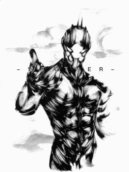 Rule 34 | 1boy, abs, absurdres, arm up, character name, cloud, commentary, english text, greyscale, highres, ink, inksac, jojo no kimyou na bouken, looking at viewer, mixed-language commentary, monochrome, no humans, no pupils, simple background, solo, spikes, stand (jojo), stone ocean, weather report (stand), white background