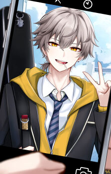 Rule 34 | 1boy, 1other, absurdres, alternate costume, alternate hair length, alternate hairstyle, bag charm, black jacket, blurry, blurry foreground, caelus (honkai: star rail), cellphone, character charm, charm (object), collared shirt, commentary request, earrings, grey hair, hair between eyes, hand up, highres, holding, holding phone, honkai: star rail, honkai (series), hood, hood down, hooded jacket, instrument case, jacket, jewelry, lollipop in mouth, looking at viewer, lordly trashcan (honkai: star rail), male focus, medium hair, mouth hold, necktie, open mouth, outdoors, partially unzipped, phone, pov, pov hands, school uniform, shirt, smartphone, smile, solo focus, striped necktie, taking picture, teeth, tiizumaru98, trailblazer (honkai: star rail), v, white shirt, yellow eyes