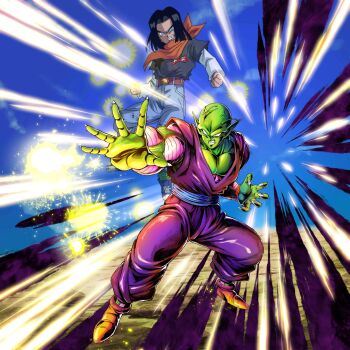 2boys android_17 anger_vein black_hair colored_skin dragon_ball dragon_ball_legends green_skin highres ki_blast multiple_boys muscular muscular_male official_art piccolo serious