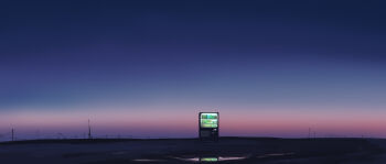 Rule 34 | absurdres, blue sky, can, commentary, dark, dated commentary, drink can, dusk, english commentary, gracile, gradient sky, highres, horizon, no humans, orange sky, original, outdoors, power lines, reflection, reflective liquid, scenery, sky, utility pole, vending machine, very wide shot, water