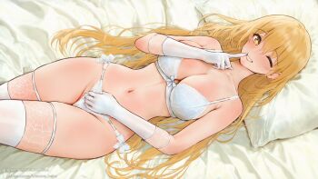 1girl blonde_hair blush bra breasts cleavage commentary elbow_gloves english_commentary finger_to_mouth gloves kitsune-neko large_breasts lingerie long_hair looking_at_viewer lying mixed-language_commentary navel on_back panties parted_lips patreon_username shokuhou_misaki shushing smile stomach symbol-shaped_pupils thighhighs thighs toaru_kagaku_no_railgun toaru_majutsu_no_index underwear white_bra white_gloves white_panties white_thighhighs yellow_eyes