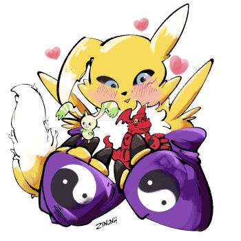blush digimon digimon_(creature) digimon_tamers digital_hazard guilmon happy heart highres horns long_hair looking_at_another renamon smile terriermon white_fur yellow_fur yin_yang zinonu
