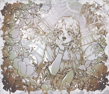 Rule 34 | 1girl, blush, bracelet, choker, dress, earrings, flower, food, frilled bracelet, frilled choker, frilled dress, frills, fruit, greyscale, hair flower, hair ornament, hand on own chin, hand on own face, hand up, indoors, jewelry, leaf, long hair, looking at viewer, looking up, monochrome, open mouth, original, plant, puffy short sleeves, puffy sleeves, short sleeves, smile, solo, starember, teeth, upper body, watermark, wavy hair, weibo watermark, window