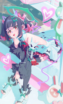 Rule 34 | 1girl, absurdres, backless dress, backless outfit, bare shoulders, black hair, black thighhighs, blush, bow, checkered necktie, colored inner hair, commentary request, detached sleeves, dress, fur-trimmed sleeves, fur trim, green bow, green halo, hair bow, halo, hand on own chin, heart, highres, looking at viewer, multicolored hair, multiple hair bows, nail polish, nangong yu, necktie, open-toe shoes, open mouth, pink nails, red eyes, red necktie, shoes, short twintails, sitting, sleeve bow, solo, thighhighs, toenail polish, toenails, twintails, uzu (malese0202), w, white dress, white shoes, white wings, wings, zenless zone zero