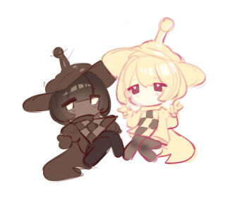 2others black_eyes blonde_hair blush_stickers board_game brown_hair checkered_clothes chess chess_piece commentary cookie_run cookie_run:_kingdom dark_skin hat long_sleeves multiple_others pale_skin pawn_(chess) pawn_black_cookie pawn_white_cookie pic_p_p short_hair siblings symbol-only_commentary twins v white_background white_eyes