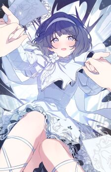 1girl 1other absurdres blue_eyes blue_hair blush commentary_request dress gakuen_idolmaster hairband hataya_misuzu highres holding_hands idolmaster kirizuki_reika long_sleeves looking_at_viewer mole mole_under_mouth official_alternate_costume open_mouth pov pov_hands short_hair smile solo_focus white_dress white_hairband