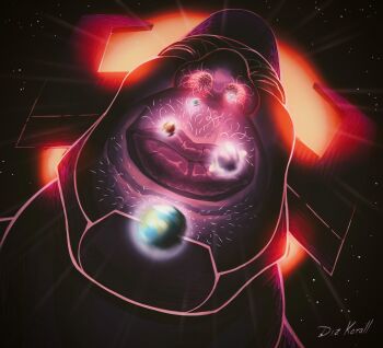 1boy absurdres artist_name commentary earth_(planet) english_commentary facial_hair fake_horns from_below galactus giant giant_male grand_scale helmet highres horned_helmet horns koralldiz male_focus mars_(planet) marvel motion_blur nose_hair planet saturn_(planet) solo space star_(sky) sun upper_body what white_facial_hair