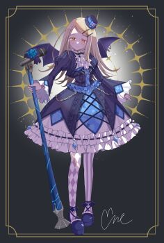 1girl aikatsu! aikatsu!_(series) ascot bat_wings black_dress black_jacket blonde_hair blue_flower blue_rose blue_shoes border closed_mouth commentary_request cosplay cropped_jacket dress flower frilled_dress frills full_body gakuen_idolmaster glowing gothic_lolita grey_background hat highres holding holding_microphone_stand idolmaster jacket juliet_sleeves lolita_fashion long_hair long_sleeves looking_at_viewer microphone_stand mini_hat pantyhose puffy_sleeves rose shinosawa_hiro shoes signature smile solo standing todo_yurika todo_yurika_(cosplay) white_ascot wings yuzu0723