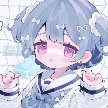 1girl :o blue_hair blue_neckerchief blush bow commentary_request food grid_background hair_bow hair_ornament hair_scrunchie hands_up highres holding holding_food holding_popsicle indie_virtual_youtuber kawatani_neon long_sleeves neckerchief open_mouth popsicle portrait purple_eyes sailor_collar sample_watermark school_uniform scrunchie serafuku shirt short_hair solo two_side_up upa_papa_co virtual_youtuber watermark watermark_grid white_background white_bow white_sailor_collar white_scrunchie white_shirt