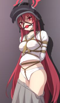 1girl absurdres arms_behind_back ball_gag bdsm black_choker blue_archive bondage bound box_tie choker collarbone crotch_rope drooling gag gagged halo helmet highres long_hair looking_at_viewer medium_hair navel neckerchief panties pink_hair pleated_skirt pussy_juice rabu_(blue_archive) red_eyes restrained sailor_collar school_uniform serafuku shibari shibari_over_clothes shirt_overhang skindentation skirt solo standing stomach underwear very_long_hair wanliu white_panties wiffle_gag yellow_neckerchief