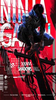 1boy arm_tattoo armor bare_shoulders belt black_armor black_hair black_pants black_scarf blood cable fangs hand_tattoo kneeling looking_at_viewer male_focus mask mouth_mask multicolored_hair ninja ninja_gaiden ninja_gaiden_4 nishii_tomoko pants rain red_eyes scarf short_hair shoulder_armor shoulder_plates solo tattoo text_background white_hair yakumo_(ninja_gaiden)