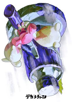 blue_eyes character_name colored_skin full_body hammer highres holding holding_hammer holding_weapon looking_at_viewer multicolored_hair nintendo no_humans ookiitora128706 open_mouth pink_skin pokemon pokemon_(creature) pokemon_focus simple_background solid_oval_eyes solo twintails twitter_username two-tone_hair weapon white_background