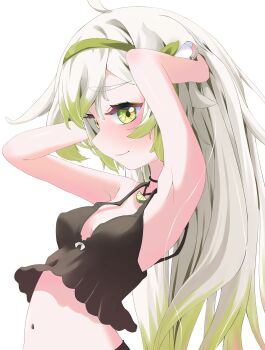 Rule 34 | 1girl, ahoge, animal, animal ears, animal hug, armpits, arms behind head, breasts, cleavage, closed eyes, closed mouth, commentary, covered erect nipples, english commentary, fearinota, ferret, ferret ears, ferret girl, ferret tail, food, fruit, gradient hair, green hair, green tail, hairband, highres, indie virtual youtuber, jewelry, lime (fruit), lime slice, limealicious, limon (limealicious), lingerie, long hair, looking at viewer, messy hair, multicolored hair, navel, necklace, smile, tail, two-tone hair, underwear, vinesauce, virtual youtuber, white background, white hair