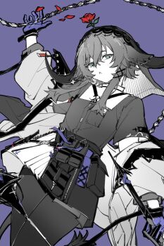 Rule 34 | 1girl, :o, animal ears, arknights, arm up, chain, chinese commentary, commentary request, cowboy shot, flower, flower on head, gloves, green eyes, hair between eyes, hair ornament, highres, horns, jacket, long sleeves, looking at viewer, off shoulder, pallas (arknights), pantyhose, parted lips, partially colored, petals, piaoliu ping ping ping pingzi, pouch, purple background, purple gloves, red flower, red rose, rose, rose petals, shirt, simple background, skirt, solo, split mouth, standing, tail, x hair ornament