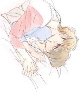 2boys ace_of_diamond blue_sleeves boy_on_top brown_hair closed_eyes commentary_request cropped_torso french_kiss heise_wanbaolu highres holding_hands interlocked_fingers kiss long_sleeves lying male_focus miyuki_kazuya multiple_boys no_eyewear on_bed on_side red_sleeves sawamura_eijun shirt short_hair simple_background two-tone_shirt undercut white_background white_shirt yaoi