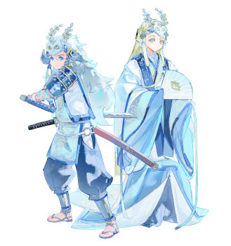 1boy 1girl absurdres adapted_costume antennae armor blonde_hair blue_eyes blue_hakama blue_pants blue_theme braid clothing_cutout crown_braid earrings fighting_stance folding_fan forehead_jewel full_body hair_between_eyes hakama hand_fan helmet highres hip_vent holding holding_fan japanese_armor japanese_clothes jewelry kabuto_(helmet) katana kimono layered_clothes layered_kimono link long_hair long_sleeves looking_at_viewer mask mask_on_head matching_outfits mystic_set_(zelda) nintendo pants pointy_ears princess_zelda ready_to_draw sash sheath sheathed shin_guards shirt shoulder_armor sidelocks simple_background sode standing straight_hair sword tabard the_legend_of_zelda the_legend_of_zelda:_tears_of_the_kingdom unsheathed very_long_hair waraji weapon white_background white_kimono white_shirt wide_sleeves wig xiangzizg