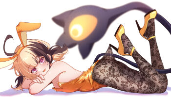 1girl :d absurdres alternate_costume animal_ear_hairband animal_ears ass backless_leotard bare_arms bare_shoulders black_pantyhose breasts brown_hair cleavage clothing_cutout commentary_request cyanzan fake_animal_ears feet_up floral_print_pantyhose from_side full_body gigi_murin hairband high_heels highres hololive hololive_english lace_pantyhose lace_pantyhose_hooked_on_heel_(meme) leotard looking_at_viewer lying meme multicolored_hair on_stomach open_mouth pantyhose pink_eyes rabbit_ear_hairband rabbit_ears see-through_pantyhose shoes short_hair short_twintails simple_background small_breasts smile solo strapless strapless_leotard strappy_heels tail tail_through_clothes the_pose twintails two-tone_hair virtual_youtuber white_background yellow_leotard yellow_shoes