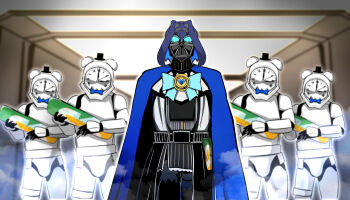 1girl absurdres armor blue_cape blue_hair cape chain chain_headband clock commentary_request cosplay darth_vader darth_vader_(cosplay) hair_intakes hat head_chain highres hololive hololive_english jewelry korean_commentary kronie_(ouro_kronii) looking_at_viewer mask minchi_(anda) mini_hat mini_top_hat ouro_kronii short_hair spacecraft_interior star_wars star_wars:_a_new_hope steam stormtrooper subway top_hat virtual_youtuber