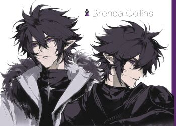 Rule 34 | 1boy, aotu world, bidu bidu, bishounen, black hair, black shirt, character name, chinese commentary, closed mouth, commentary request, english text, fur-trimmed jacket, fur trim, hair between eyes, highres, jacket, looking at viewer, looking to the side, male focus, multiple boys, multiple views, official alternate costume, parted lips, pointy ears, purple eyes, ray (aotu world), ray (thunder emperor) (aotu world), shirt, short hair, simple background, smile, turtleneck, upper body, white background, white jacket