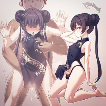 2boys absurdres anal black_dress black_hair black_panties blue_archive braid braided_bun butterfly_hair_ornament china_dress chinese_clothes commentary_request cosplay covered_testicles crossdressing crossdressing_(mtf) cum doodle_sensei_(blue_archive) double_bun dragon_print dress ejaculating_while_penetrated ejaculation erection grabbing_from_behind grey_eyes groping hair_bun hair_ornament heart highres kisaki_(blue_archive) kisaki_(blue_archive)_(cosplay) long_hair male_focus male_penetrated multiple_boys nipple_stimulation nipple_tweak nipple_tweak_through_clothes nipples panties pelvic_curtain penis print_dress projectile_cum sensei_(blue_archive) sex sex_from_behind sleeveless sleeveless_dress trap twintails underwear very_long_hair yaoi yazuka
