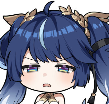 1girl ahoge bare_shoulders blue_eyes blue_hair commentary english_commentary gradient_hair half-closed_eyes iuno_(wuthering_waves) laurel_crown multicolored_hair open_mouth portrait simple_background solo streaked_hair twintails twomoon white_background wuthering_waves