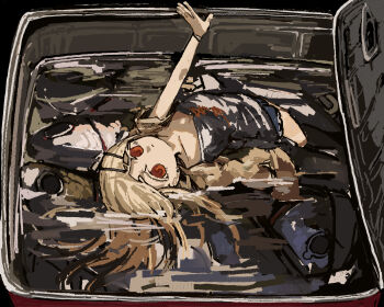 Rule 34 | 1girl, arm up, black camisole, blonde hair, bracelet, camisole, clock owo, commentary request, earrings, fish (food), food, gakuen idolmaster, hair ornament, hairclip, highres, idolmaster, in food, jewelry, long hair, mini person, minigirl, parallel hairclips, red eyes, sardine, shinosawa hiro, short shorts, shorts, solo, stud earrings, wet