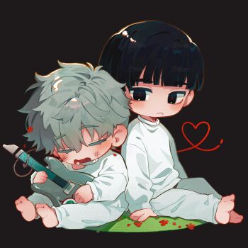 2boys alien_stage barefoot black_background black_eyes black_hair bruise bruise_on_face chibi chibi_only choker closed_eyes commentary english_commentary fang flower full_body grey_hair guitar heart highres holding holding_guitar holding_instrument injury instrument ivan_(alien_stage) long_sleeves male_focus multiple_boys on_grass pants red_flower red_pupils saliva shirt short_hair sitting sleeping till_(alien_stage) tokitokiee watermark white_choker white_pants white_shirt