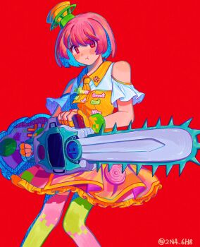 Rule 34 | 1girl, 2n4 6h8, bare shoulders, bob cut, chainsaw, dress, english text, fingerless gloves, frilled skirt, frills, gashacon bugvisor, gloves, hat, highres, holding, holding weapon, kamen rider, kamen rider ex-aid (series), kneehighs, musical note, nail polish, necktie, pin, pink eyes, pink hair, poppi pipopapo, pout, red background, simple background, skirt, socks, strapless, strapless dress, weapon, yellow gloves, yellow skirt