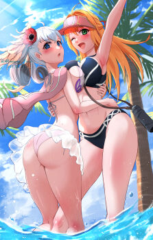2girls absurdres arm_up artist_name ass bikini blonde_hair blue_eyes blush breast_press breasts canteen cape curly_hair dated embarrassed fiora_(xenoblade) from_below green_eyes grey_hair head_wings highres hug large_breasts leg_between_thighs long_hair looking_at_viewer melia_antiqua mercury_xeno multiple_girls open_mouth outdoors palm_tree see-through_clothes see-through_skirt side-tie_bikini_bottom skirt swimsuit symmetrical_docking tree twitter_username visor_cap wading water wedgie wings xenoblade_chronicles_(series) xenoblade_chronicles_1