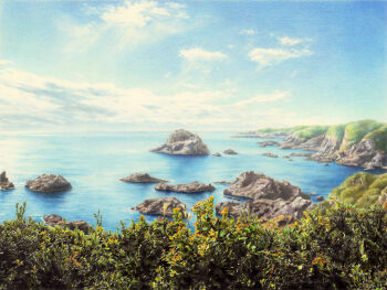 blue_sky cloud colored_pencil_(medium) commentary_request day hagane_yama highres horizon island no_humans ocean original outdoors photorealistic realistic scenery shore sky traditional_media