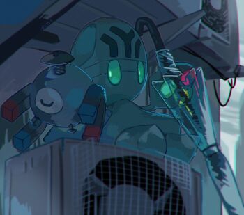 73sitimi arm_up closed_eyes condenser_unit elgyem gen_1_pokemon gen_5_pokemon green_eyes highres magnemite nintendo no_humans outdoors pokemon pokemon_(creature) pokemon_focus screw transparent transparent_umbrella umbrella