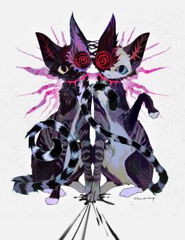 animal animal_focus black_vs_white blue_eyes cat commentary contrast english_commentary frown full_body highres kamikiririp looking_at_viewer no_humans original simple_background sitting spiral striped_tail tail white_background yellow_eyes